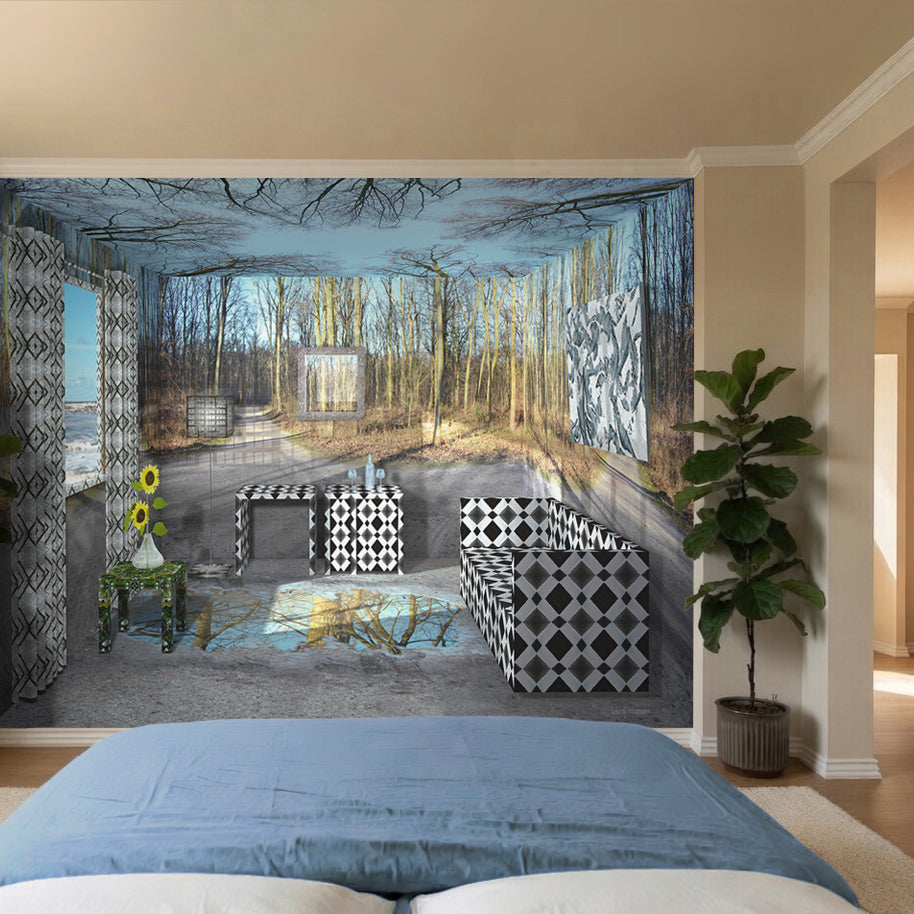 Wintersuite installed as a full-room immersive experience. The digital painting by Lisette Huizenga creates the illusion of standing inside a winter forest, with patterned furniture and reflective floor enhancing the spatial effect.
