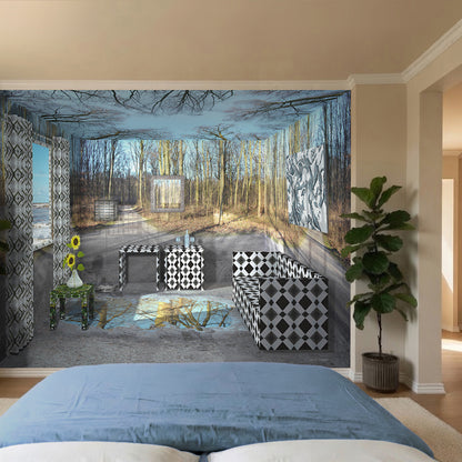 Wintersuite installed as a full-room immersive experience. The digital painting by Lisette Huizenga creates the illusion of standing inside a winter forest, with patterned furniture and reflective floor enhancing the spatial effect.