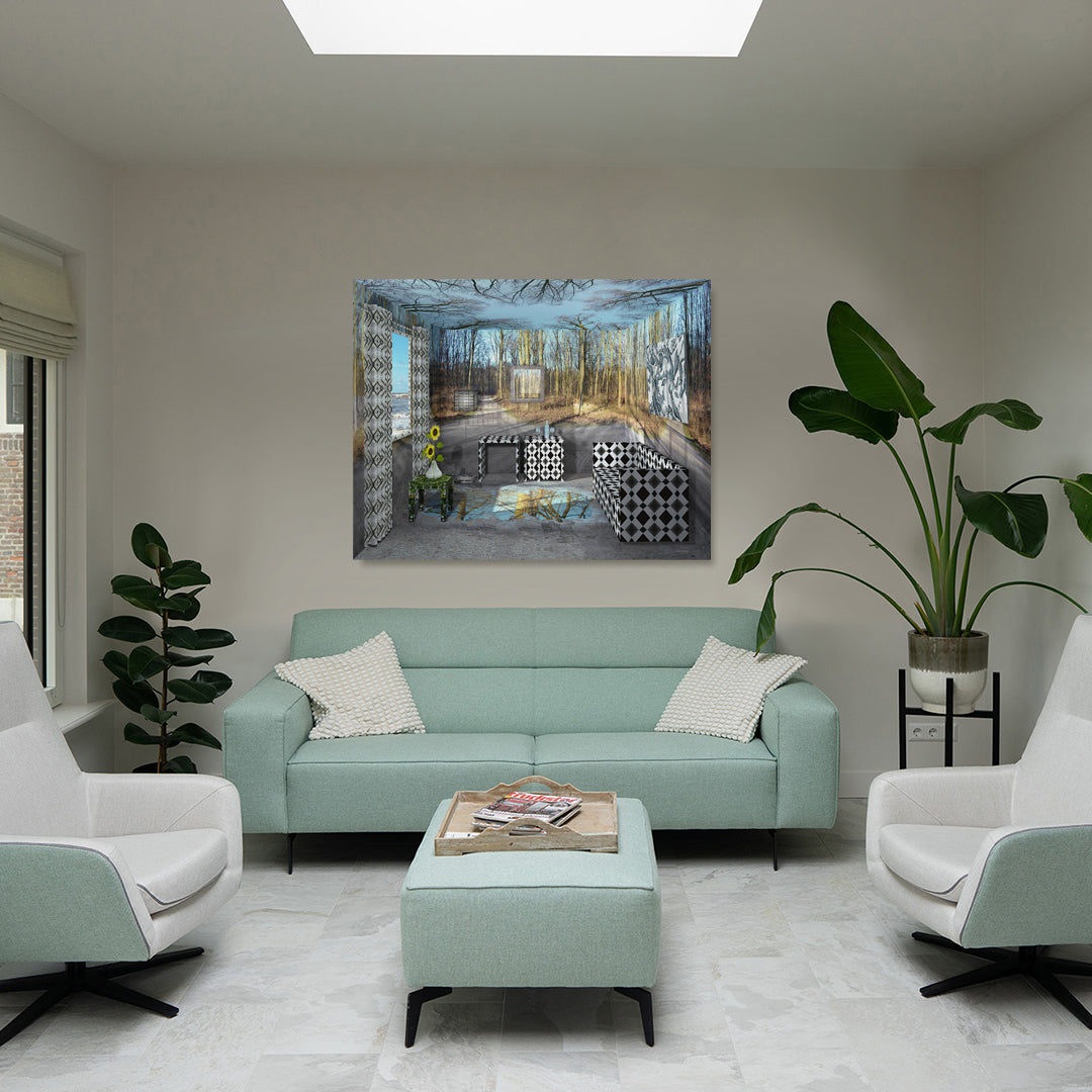 Wintersuite, immersive digital painting by Lisette Huizenga. A serene winter forest scene that transforms an entire interior space into a poetic winter landscape with bare trees and soft light.