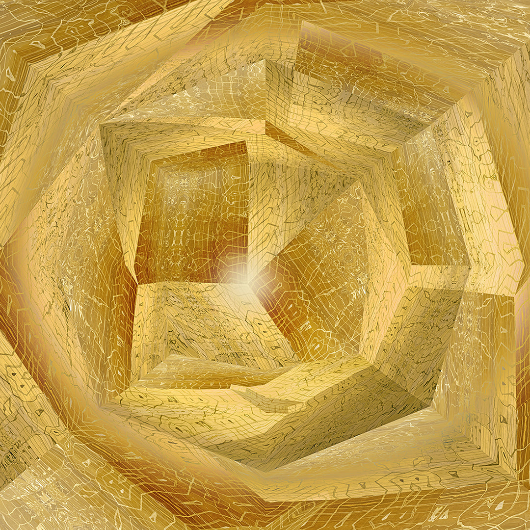Metakosmia Gold I – Close-up detail of Metakosmia Gold I – golden geometric patterns and radiant light creating depth and a mystical atmosphere in this immersive digital painting by Lisette Huizenga.