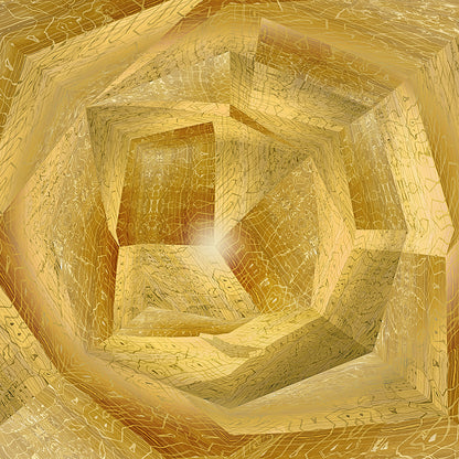 Metakosmia Gold I – Close-up detail of Metakosmia Gold I – golden geometric patterns and radiant light creating depth and a mystical atmosphere in this immersive digital painting by Lisette Huizenga.