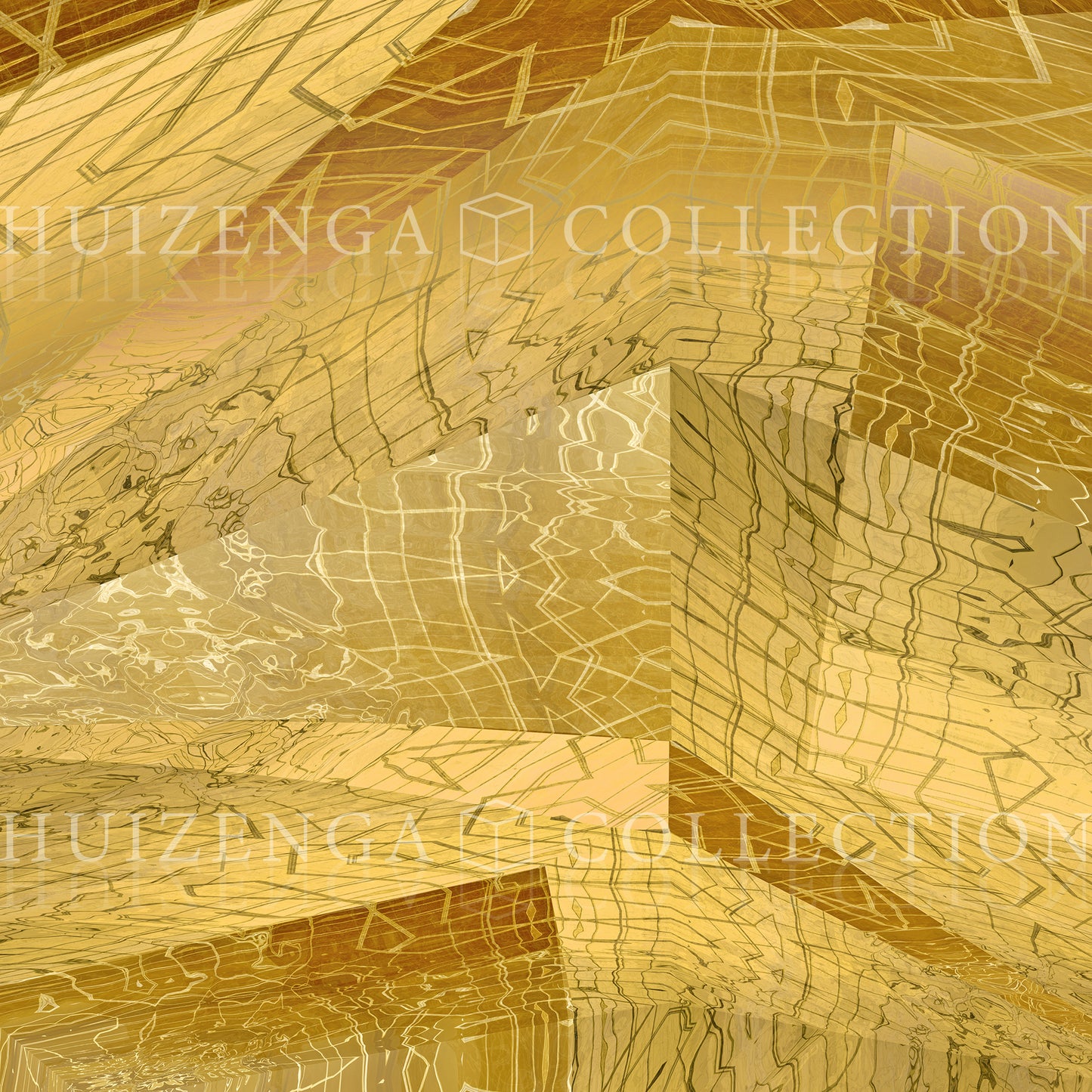 Detail van Metakosmia Gold I – complexe gouden geometrische patronen en textuur