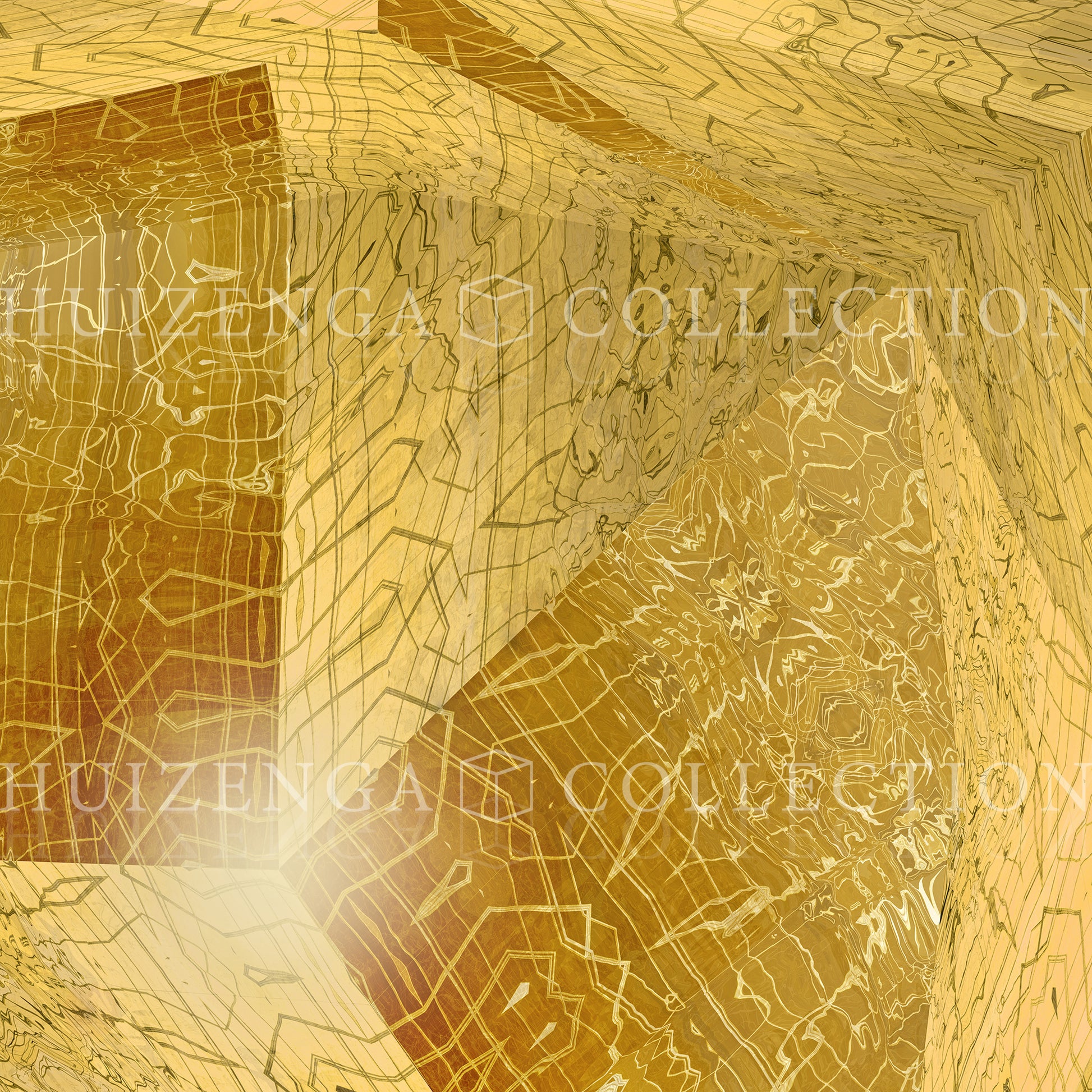 Detail van Metakosmia Gold I – stralend licht dat vanuit het centrum komt en diepte creëert