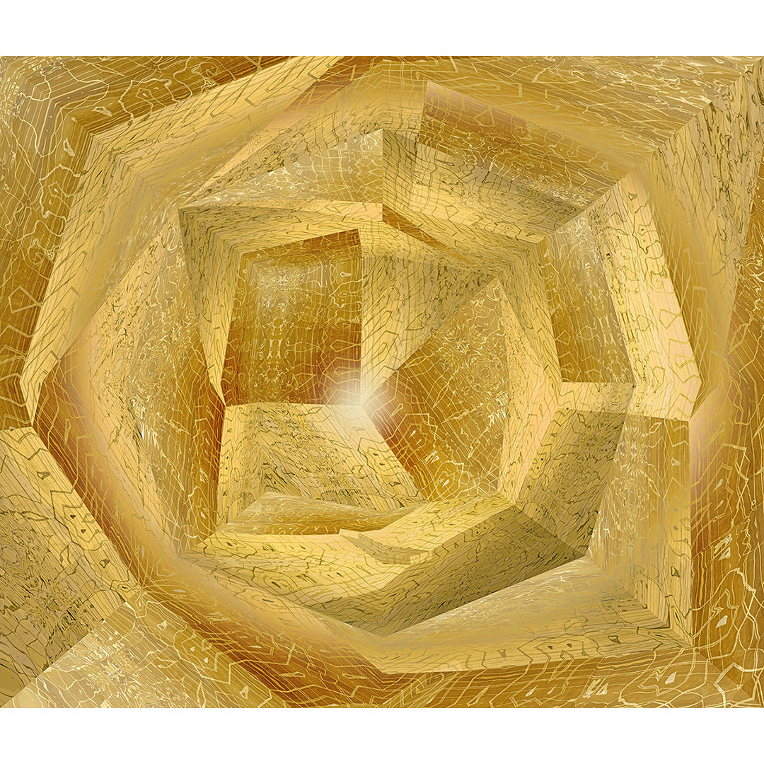 Metakosmia Gold I – immersive golden digital painting by Lisette Huizenga. A metaphysical geometric tunnel with intricate patterns and radiant light, evoking a sense of infinite space and transcendence.