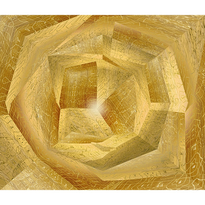Metakosmia Gold I – immersive golden digital painting by Lisette Huizenga. A metaphysical geometric tunnel with intricate patterns and radiant light, evoking a sense of infinite space and transcendence.