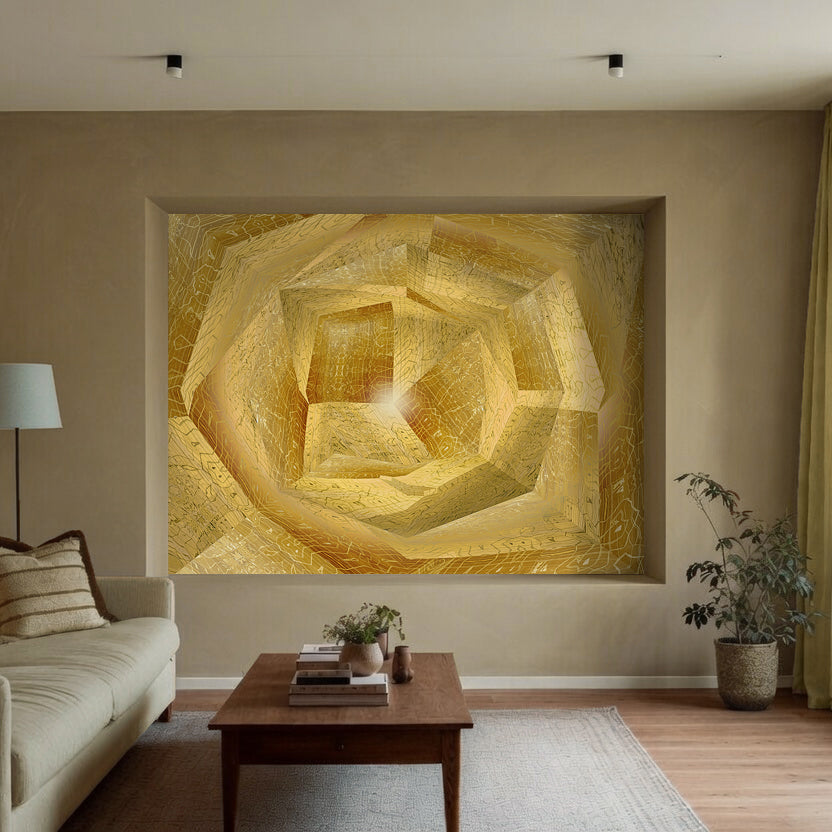 Gold I displayed in an interior space – immersive golden geometric digital painting by Lisette Huizenga that creates a powerful sense of depth and transcendence.