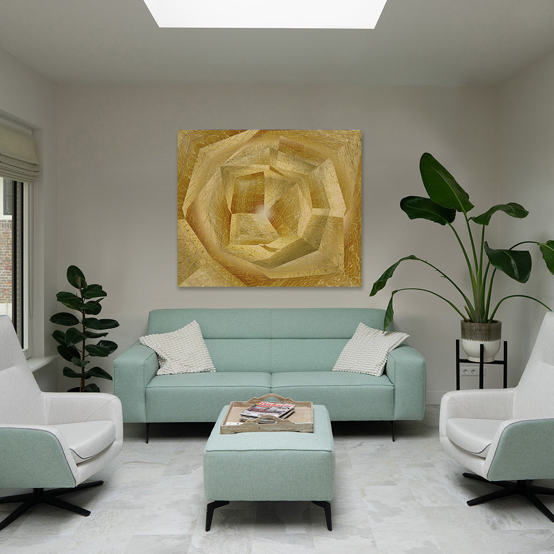 Metakosmia Gold I displayed in an interior space – immersive golden geometric digital painting by Lisette Huizenga that creates a powerful sense of depth and transcendence.