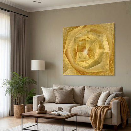Metakosmia Gold I displayed in a living room – immersive golden geometric digital painting by Lisette Huizenga that creates a powerful sense of depth and transcendence.