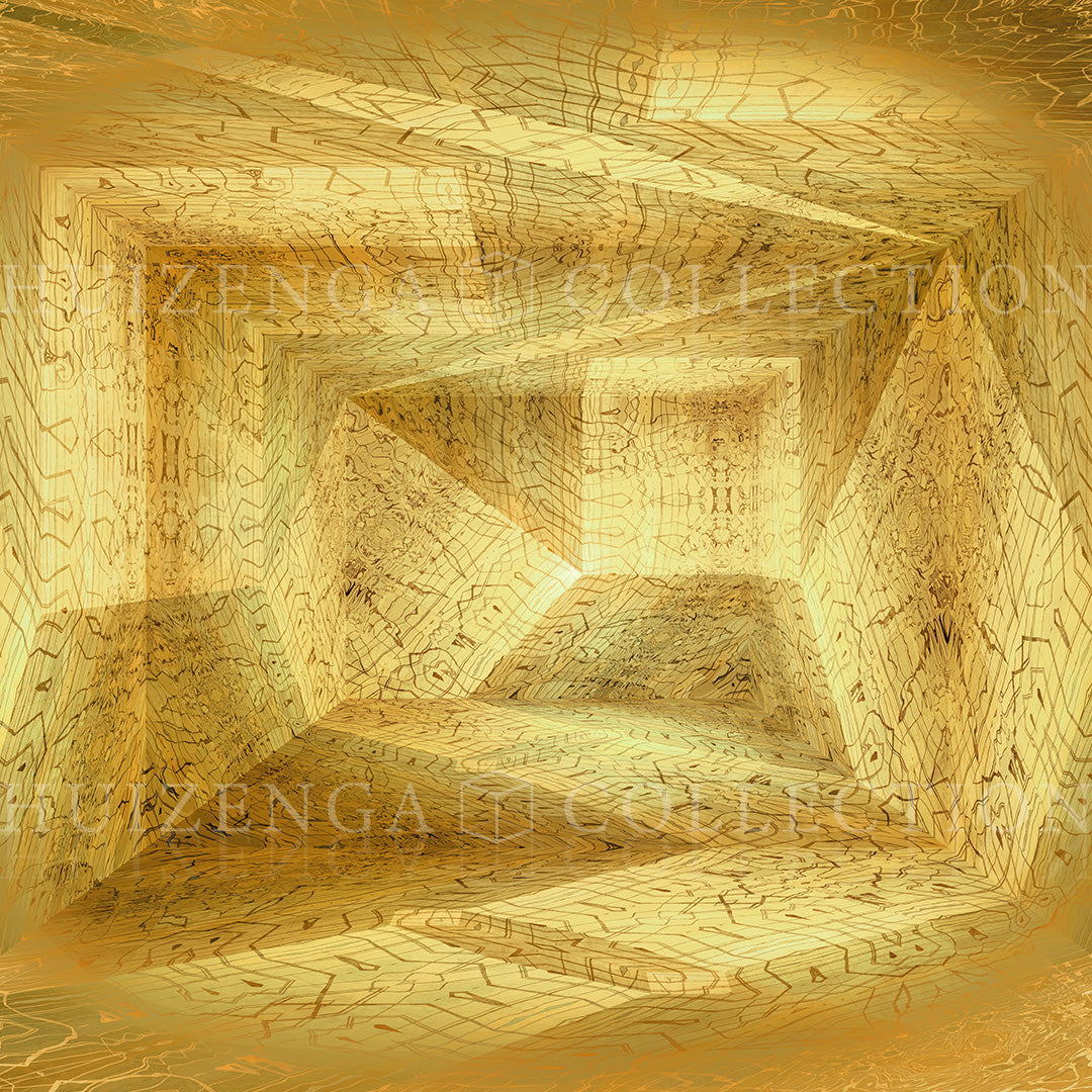 Close-up detail of Metakosmia Gold II by Lisette Huizenga, showing radiant golden light breaking through fine geometric patterns.