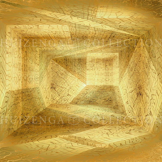 Close-up detail of Metakosmia Gold II by Lisette Huizenga, showing radiant golden light breaking through fine geometric patterns.