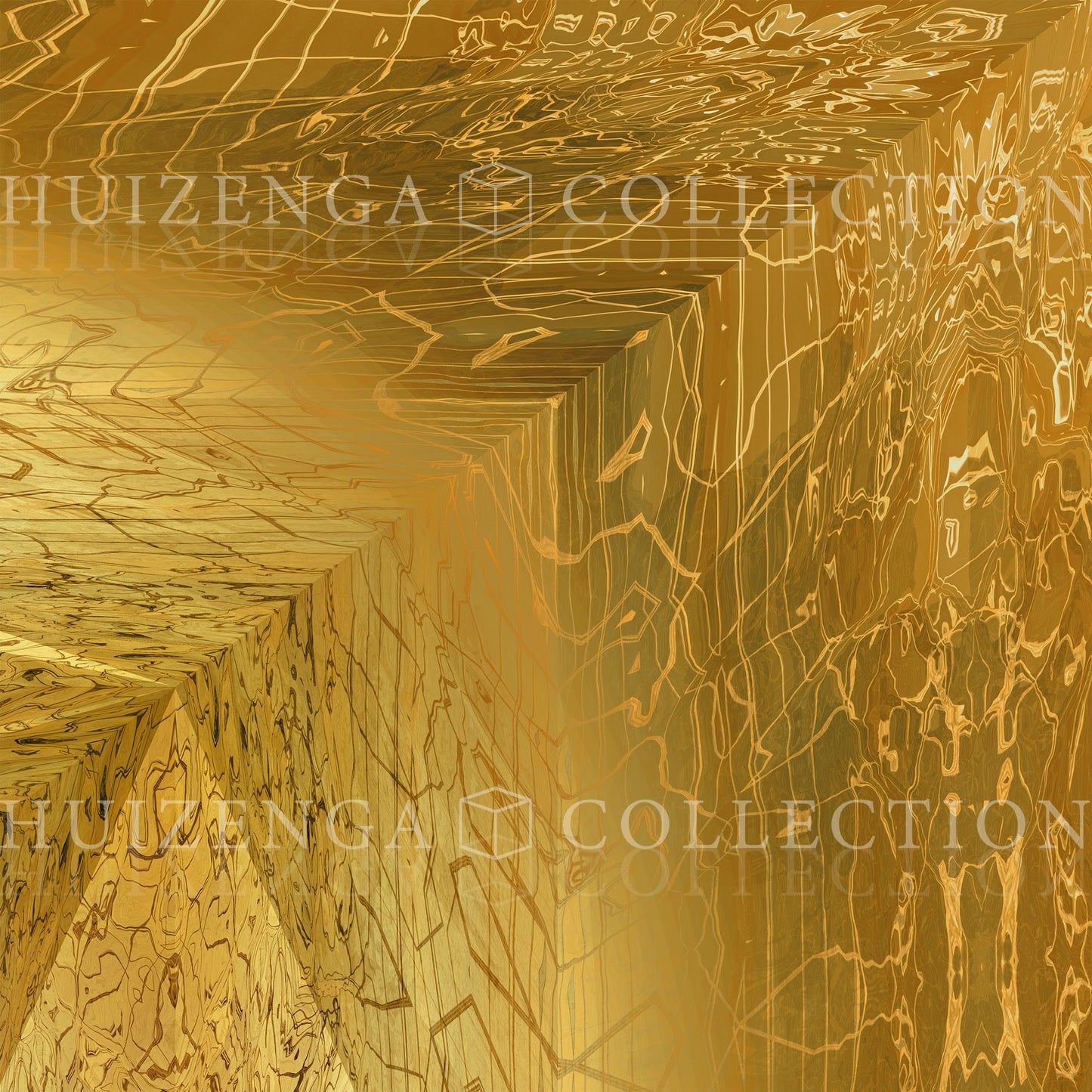 Metakosmia Gold II installed in an interior space. The large-scale golden abstract painting by Lisette Huizenga creates a powerful immersive atmosphere.