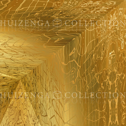 Metakosmia Gold II installed in an interior space. The large-scale golden abstract painting by Lisette Huizenga creates a powerful immersive atmosphere.