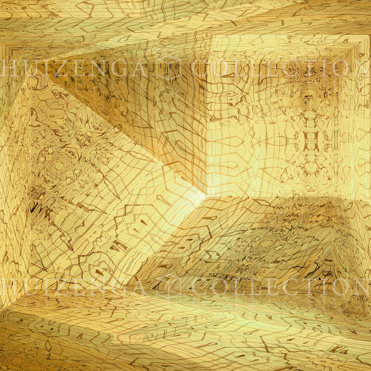 Detail van Metakosmia Gold II – stralend gouden licht en geometrische patronen