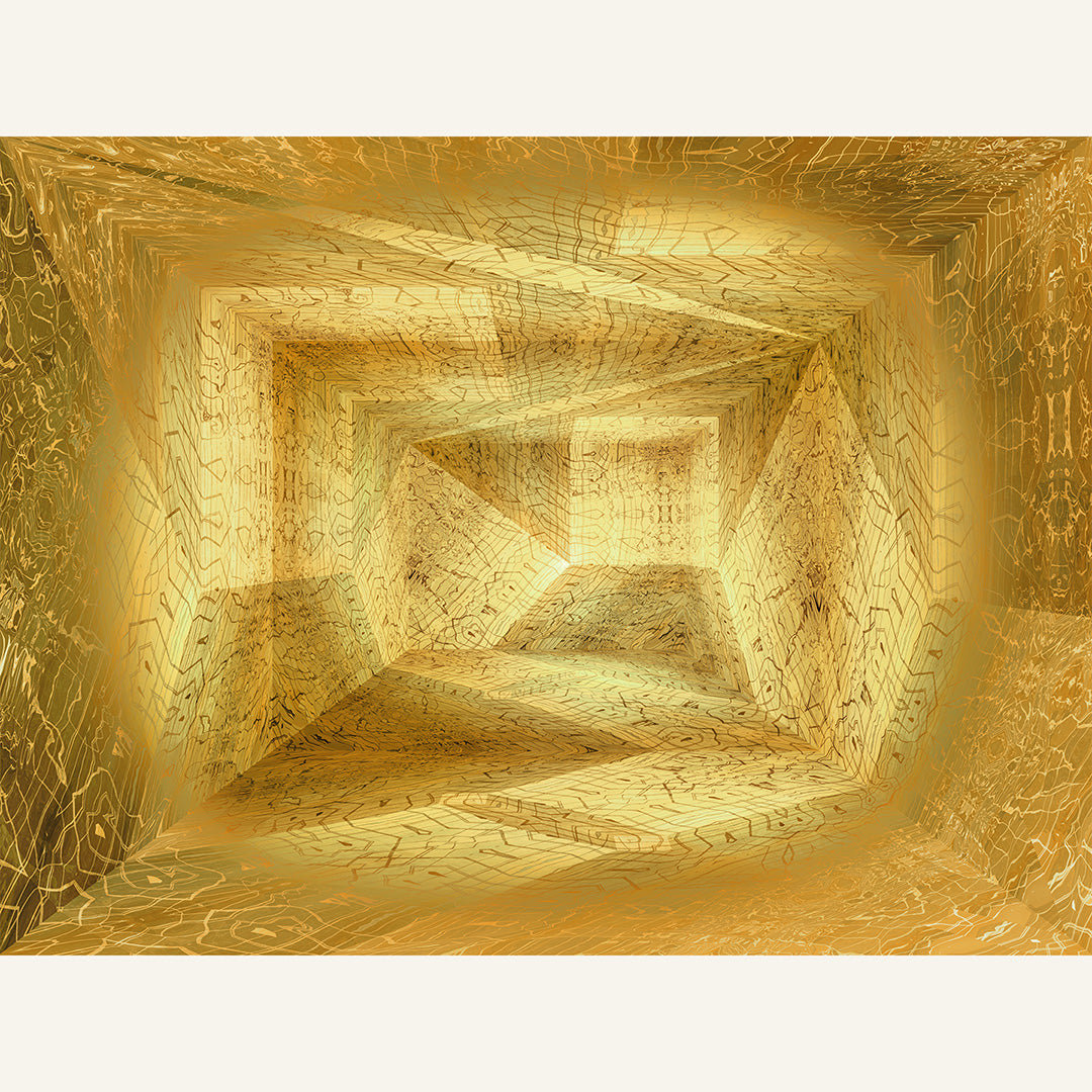Metakosmia Gold II, 2026 – immersive abstract digital painting by Lisette Huizenga. A powerful golden composition with radiant light and intricate geometric patterns creating depth and movement.