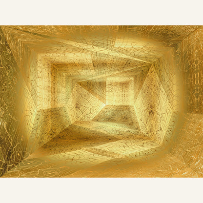 Metakosmia Gold II, 2026 – immersive abstract digital painting by Lisette Huizenga. A powerful golden composition with radiant light and intricate geometric patterns creating depth and movement.