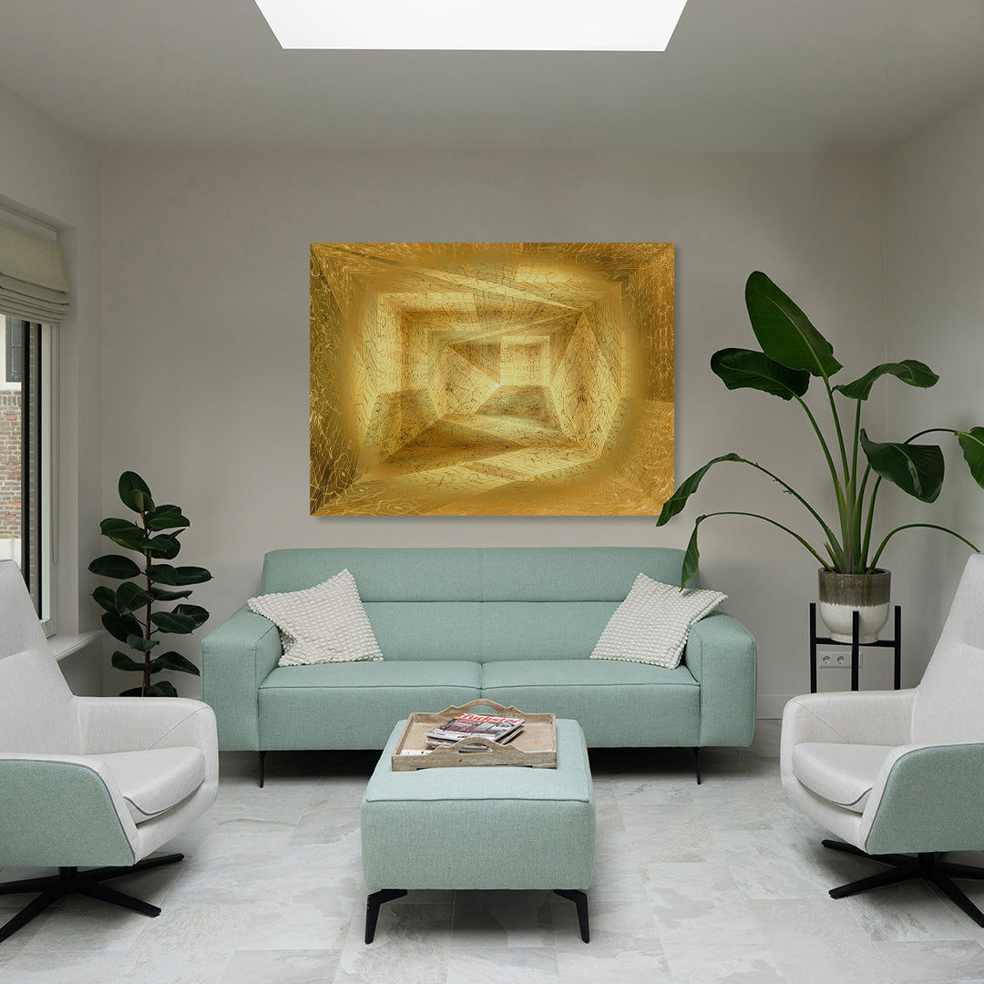 Metakosmia gold XI in an interior space – large-scale immersive golden digital painting by Lisette Huizenga with powerful cosmic and luminous presence.