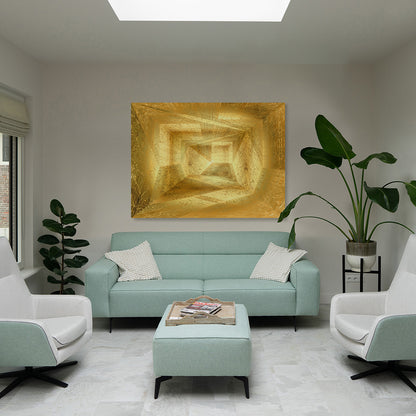 Metakosmia gold XI in an interior space – large-scale immersive golden digital painting by Lisette Huizenga with powerful cosmic and luminous presence.