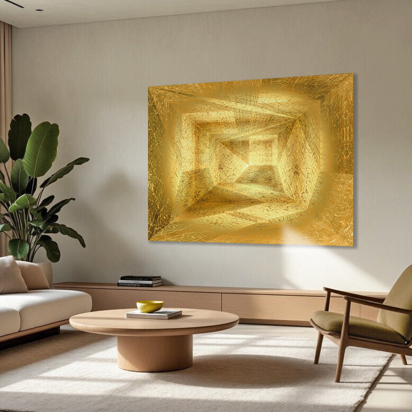 Metakosmia gold XI in an interior space – large-scale immersive golden digital painting by Lisette Huizenga with powerful cosmic and luminous presence.