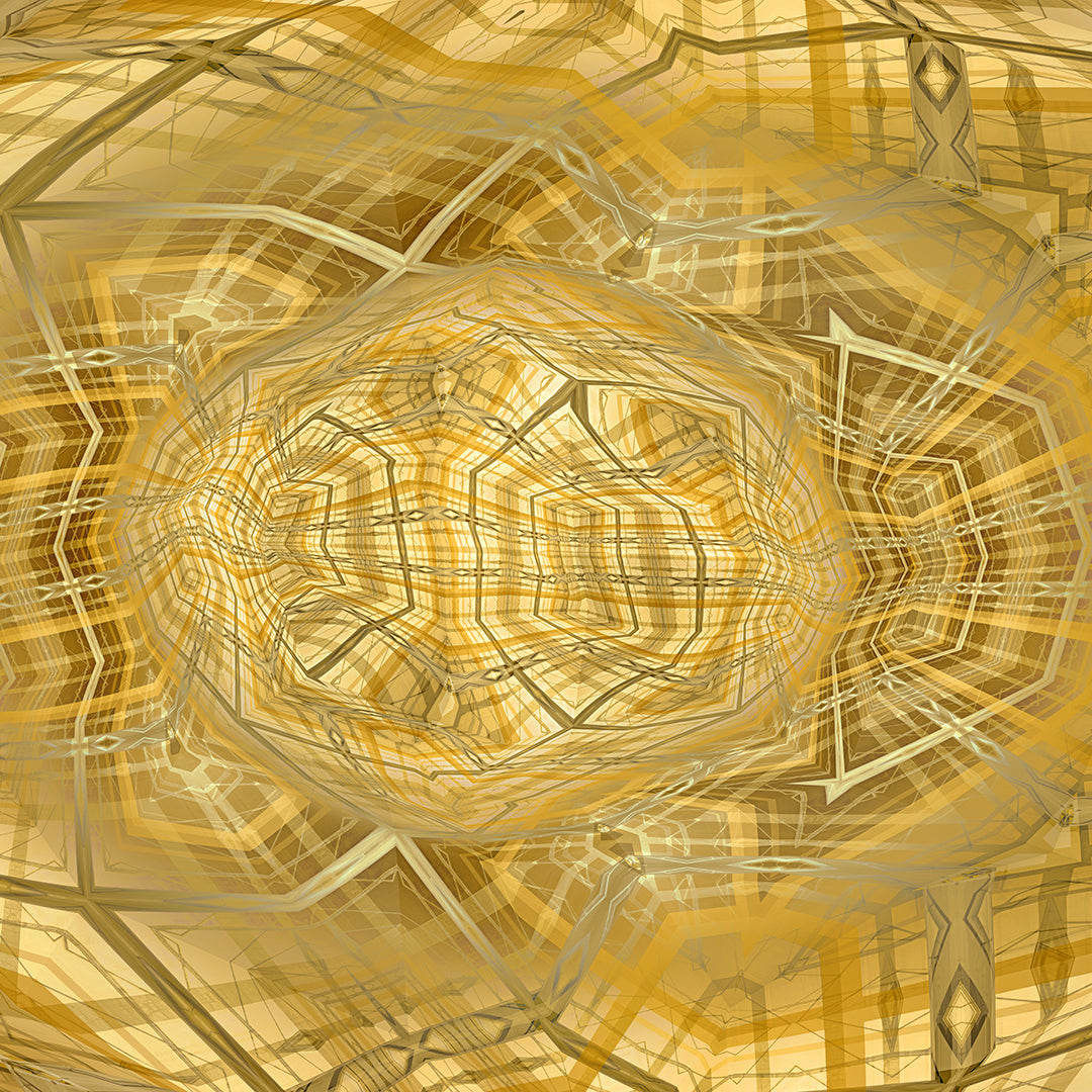 Close-up detail of Metakosmia Gold IV – intricate golden geometric patterns and luminous structures in this metaphysical digital painting by Lisette Huizenga.
