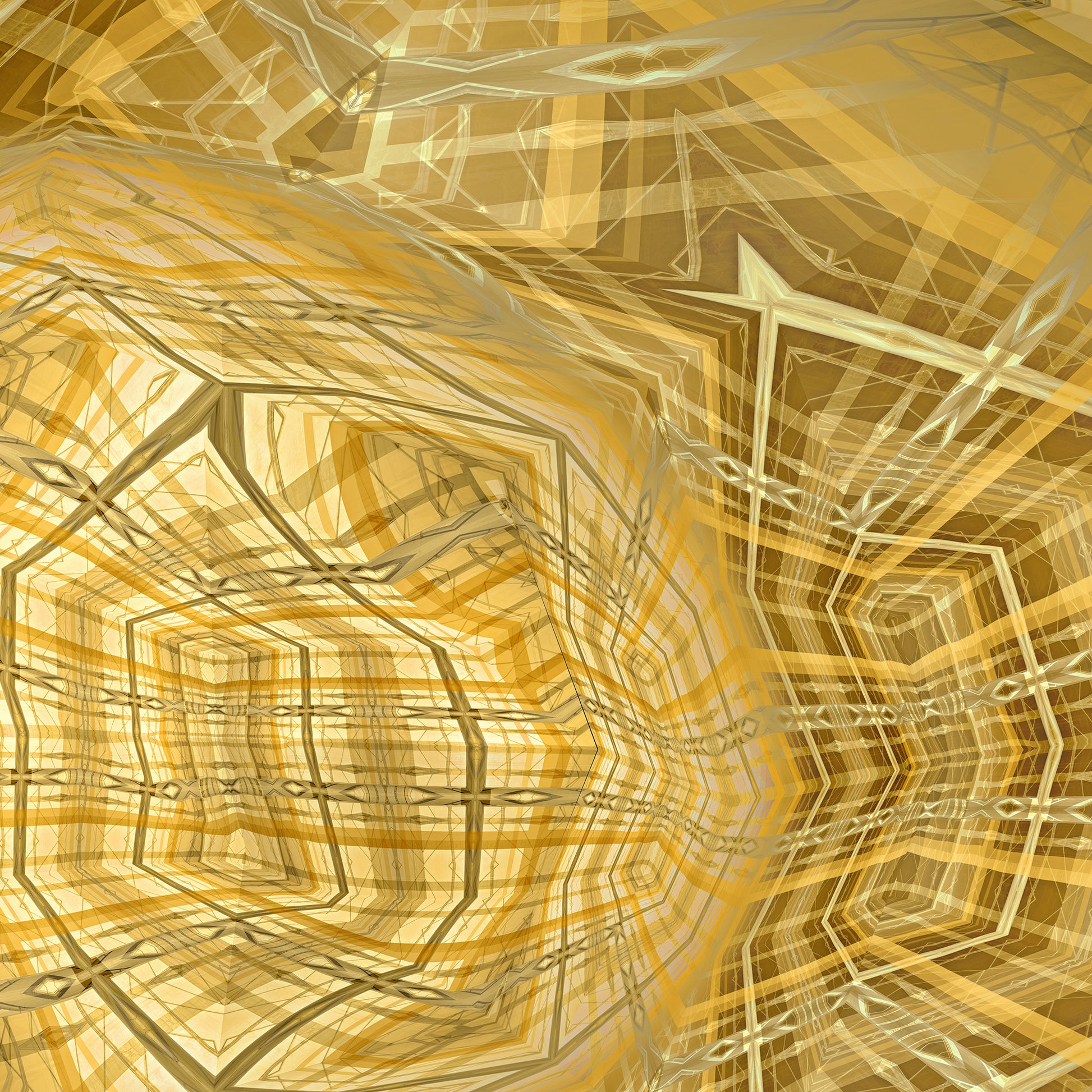 Detail van Metakosmia Gold IV – gelaagde geometrische structuren in goudtinten