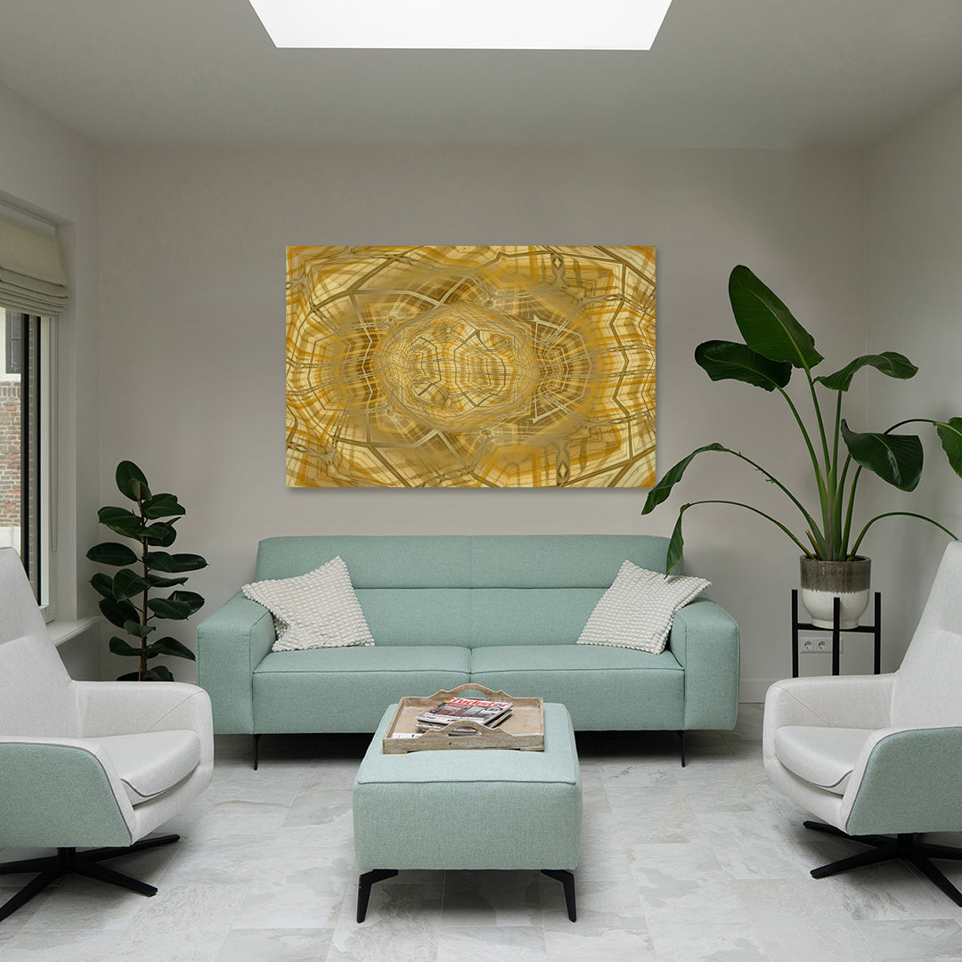 Metakosmia Gold IV displayed in an interior – immersive golden geometric digital painting by Lisette Huizenga that creates a powerful cosmic and metaphysical atmosphere.