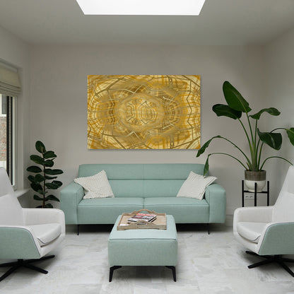 Metakosmia Gold IV displayed in an interior – immersive golden geometric digital painting by Lisette Huizenga that creates a powerful cosmic and metaphysical atmosphere.