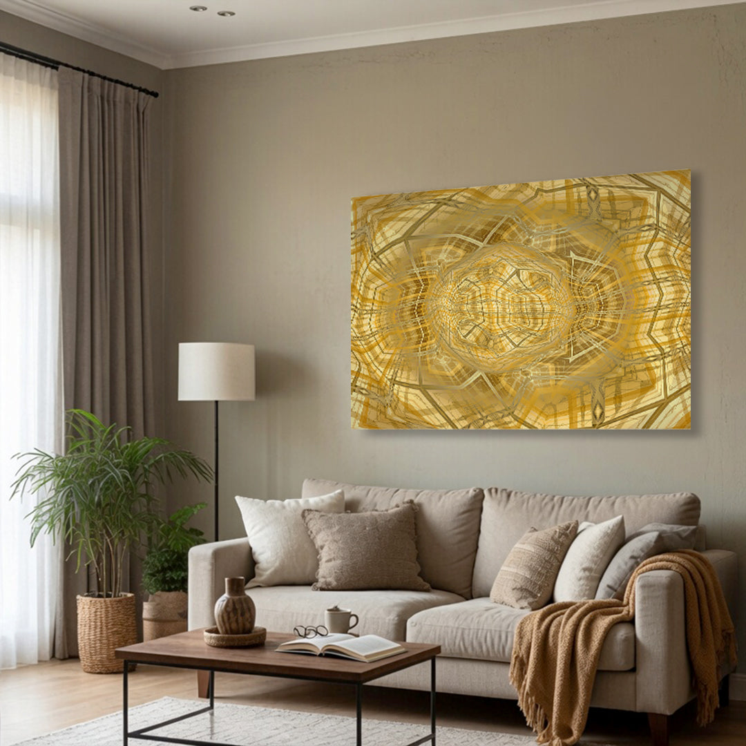 Metakosmia Gold IV displayed in an interior – immersive golden geometric digital painting by Lisette Huizenga that creates a powerful cosmic and metaphysical atmosphere.