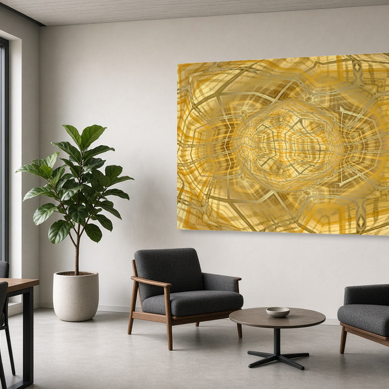Gold IV displayed in an office interior space – immersive golden geometric digital painting by Lisette Huizenga that creates a powerful cosmic and metaphysical atmosphere, the painting as the focal point of the wall.