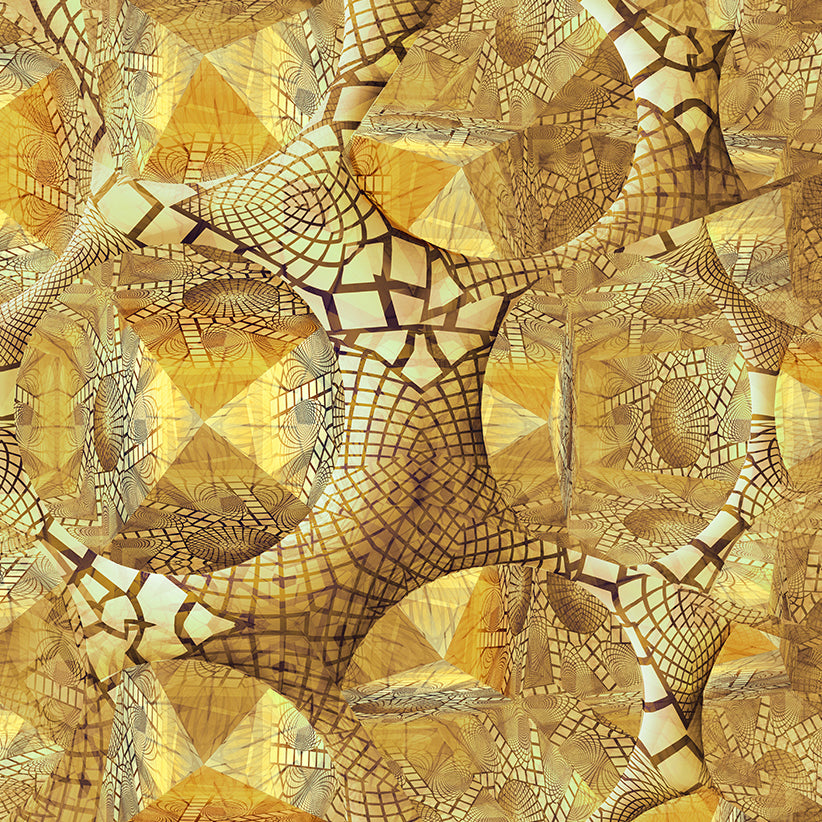 Close-up detail of Metakosmia Gold Mandala I – intricate golden geometric patterns and luminous structures in this symmetrical cosmic digital painting by Lisette Huizenga.
