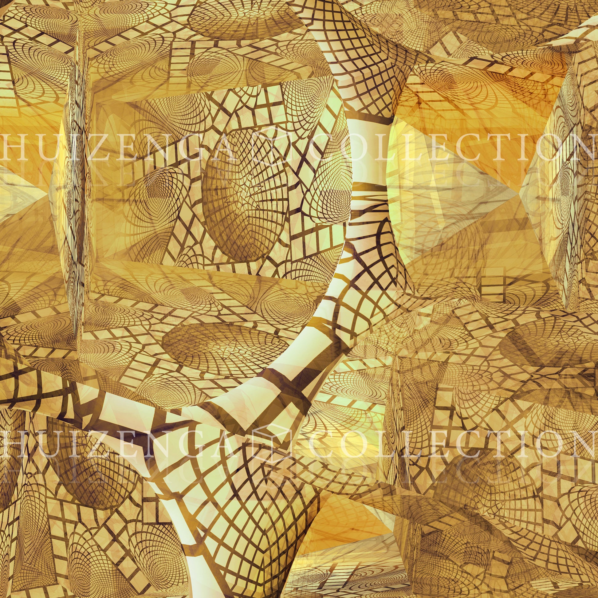 Detail van Metakosmia Gold Mandala I – stralende gouden lichtstructuren en geometrische vormen