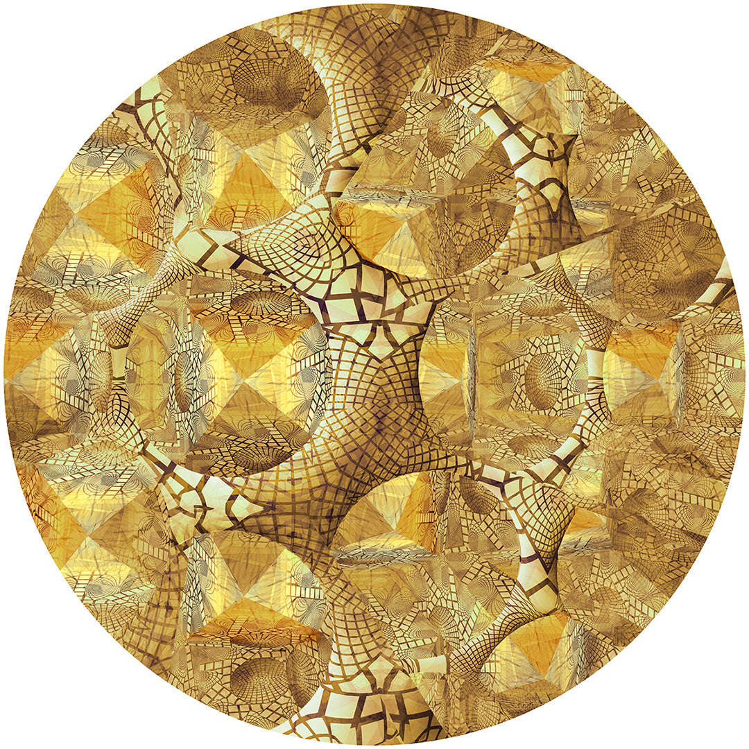 Metakosmia Metakosmia Gold Mandala I – immersive golden digital painting by Lisette Huizenga. A symmetrical cosmic mandala with intricate geometric patterns and radiant light, evoking a powerful sense of unity, infinity and transcendence.