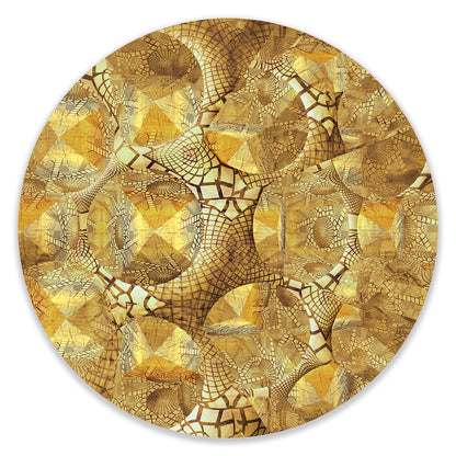 Metakosmia Metakosmia Gold Mandala I – immersive golden digital painting by Lisette Huizenga. A symmetrical cosmic mandala with intricate geometric patterns and radiant light, evoking a powerful sense of unity, infinity and transcendence.