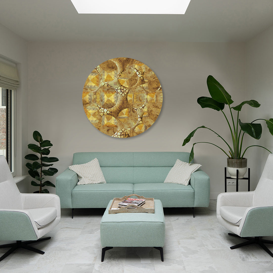 Metakosmia Gold Mandala I in an interior space – large-scale immersive golden cosmic mandala painting by Lisette Huizenga.