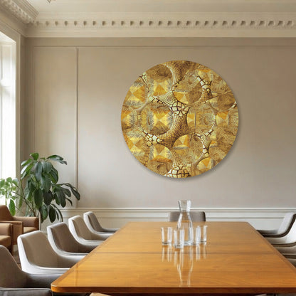 Metakosmia Gold Mandala I in an interior space – large-scale immersive golden cosmic mandala painting by Lisette Huizenga.