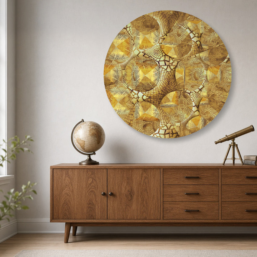 Metakosmia Gold Mandala I in an interior studyroom – large-scale immersive golden cosmic mandala painting by Lisette Huizenga.