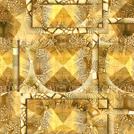 Close-up detail of Metakosmia Gold Mandala II – intricate symmetrical golden patterns and luminous structures in this cosmic digital painting by Lisette Huizenga.