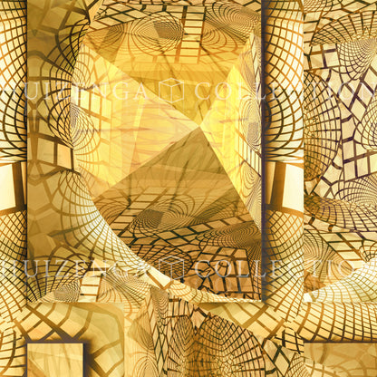 Detail van Metakosmia Gold Mandala II – stralende gouden lichtstructuren en geometrische vormen