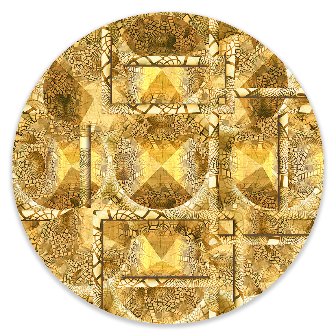 Metakosmia Gold Mandala II – immersive golden digital painting by Lisette Huizenga. A highly symmetrical cosmic mandala with intricate geometric patterns and radiant golden light, evoking harmony, infinity and metaphysical depth.