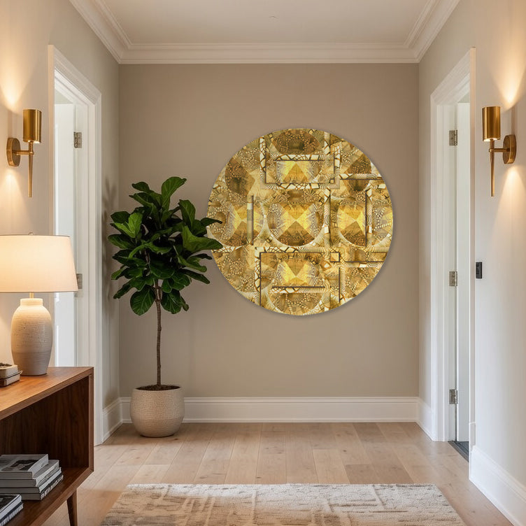 Metakosmia Gold Mandala II displayed in an interior – large-scale immersive golden cosmic mandala painting by Lisette Huizenga.