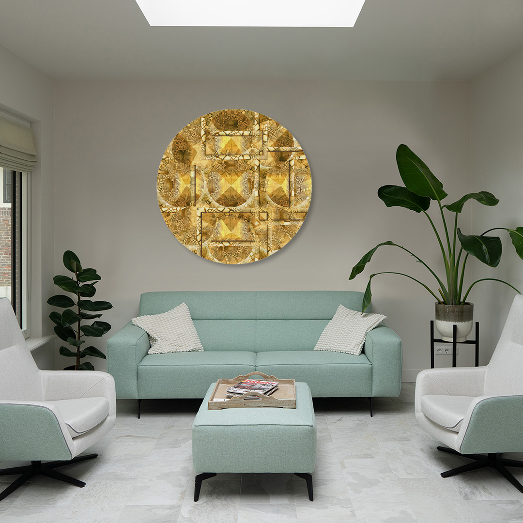 Metakosmia Gold Mandala II displayed in an interior – large-scale immersive golden cosmic mandala painting by Lisette Huizenga.