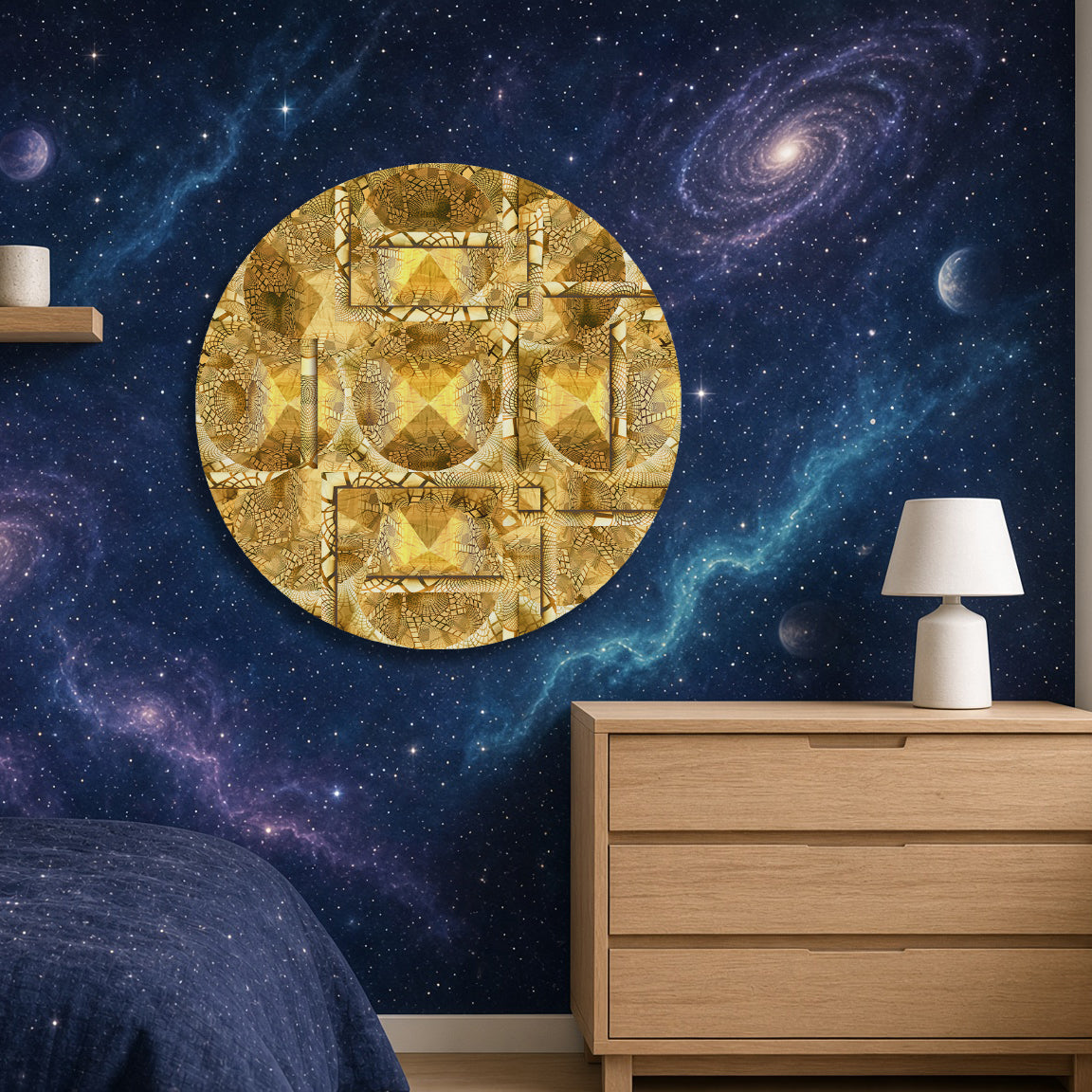 Metakosmia Gold Mandala II displayed in a sleepingroom – immersive golden universal cosmic mandala painting by Lisette Huizenga.