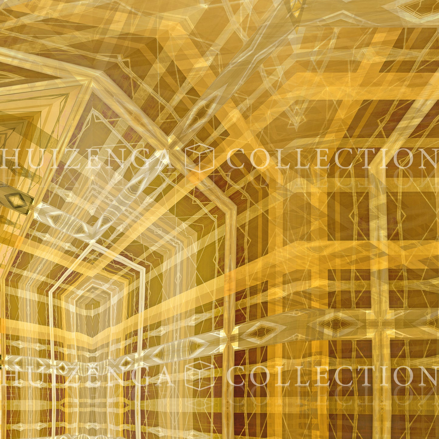 Detail van Metakosmia Gold V – complexe gouden geometrische patronen en symmetrie