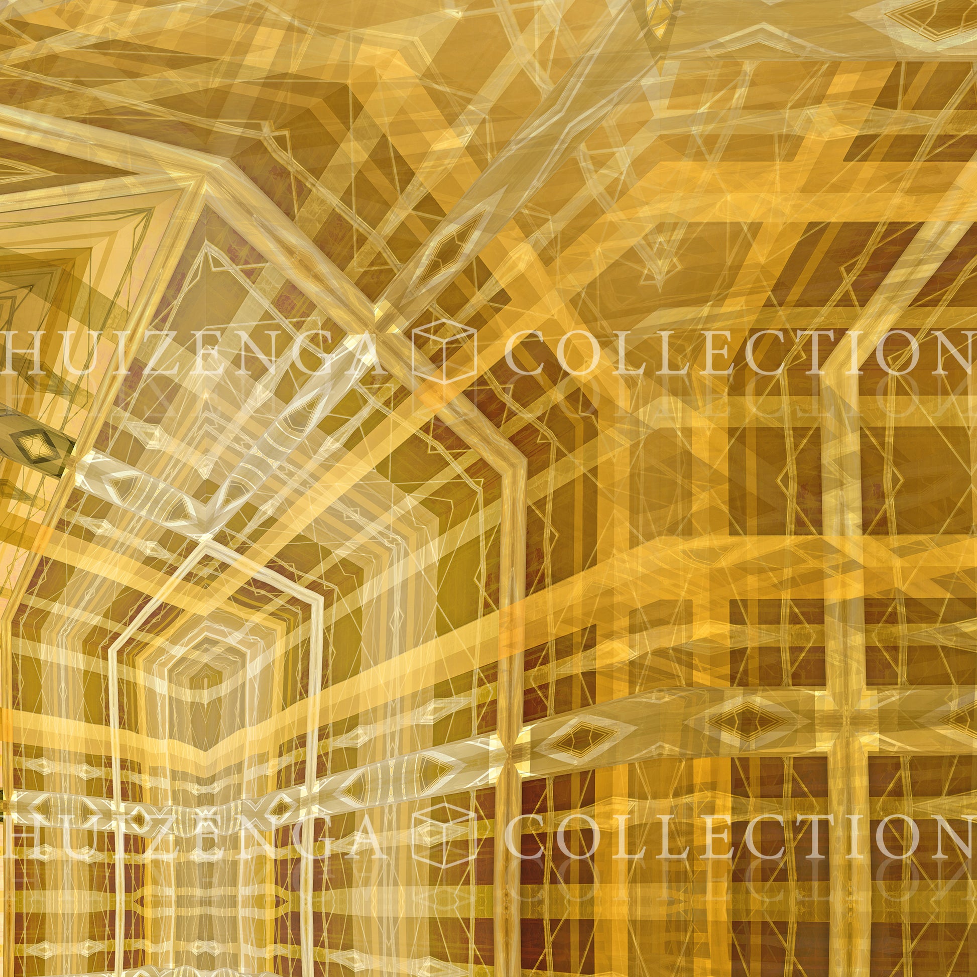 Detail van Metakosmia Gold V – complexe gouden geometrische patronen en symmetrie