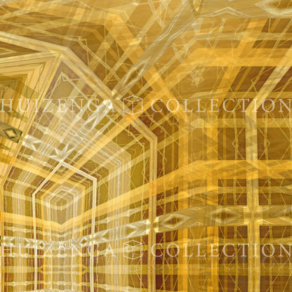 Detail van Metakosmia Gold V – complexe gouden geometrische patronen en symmetrie