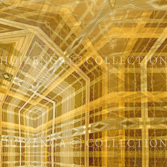 Detail van Metakosmia Gold V – complexe gouden geometrische patronen en symmetrie