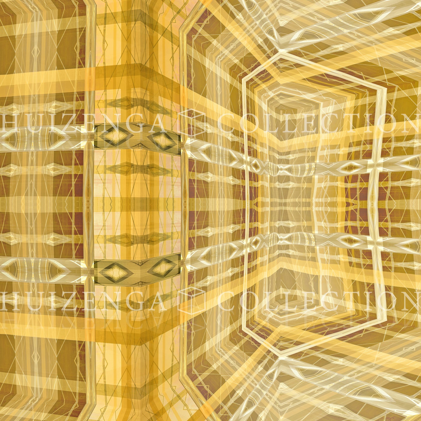 Detail van Metakosmia Gold V – stralend licht en gelaagde geometrische vormen