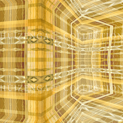 Detail van Metakosmia Gold V – stralend licht en gelaagde geometrische vormen