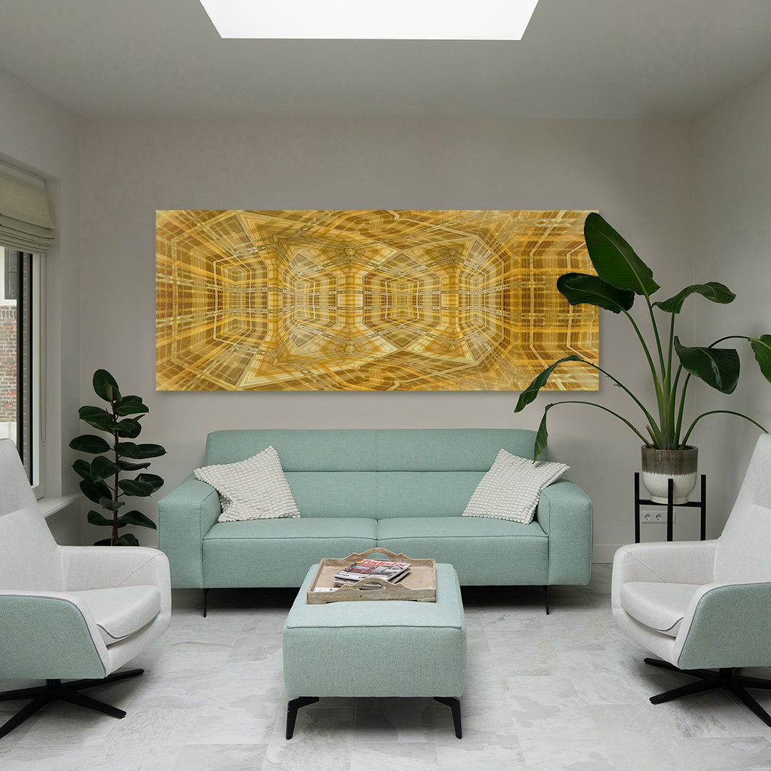 Metakosmia Gold V in an interior space – large-scale immersive golden geometric digital painting by Lisette Huizenga, ideal as a statement piece or wallcovering.