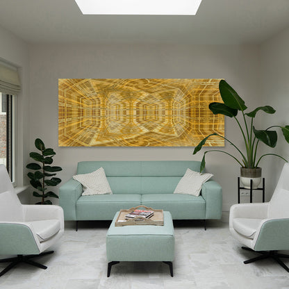 Metakosmia Gold V in an interior space – large-scale immersive golden geometric digital painting by Lisette Huizenga, ideal as a statement piece or wallcovering.