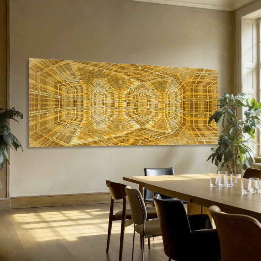 Metakosmia Gold V in an interior space – large-scale immersive golden geometric digital painting by Lisette Huizenga, ideal as a statement piece or wallcovering.